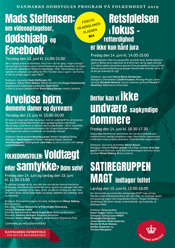 Dette er et billede af Danmarks Domstoles programplakat til Folkemødet på Bornholm 2019