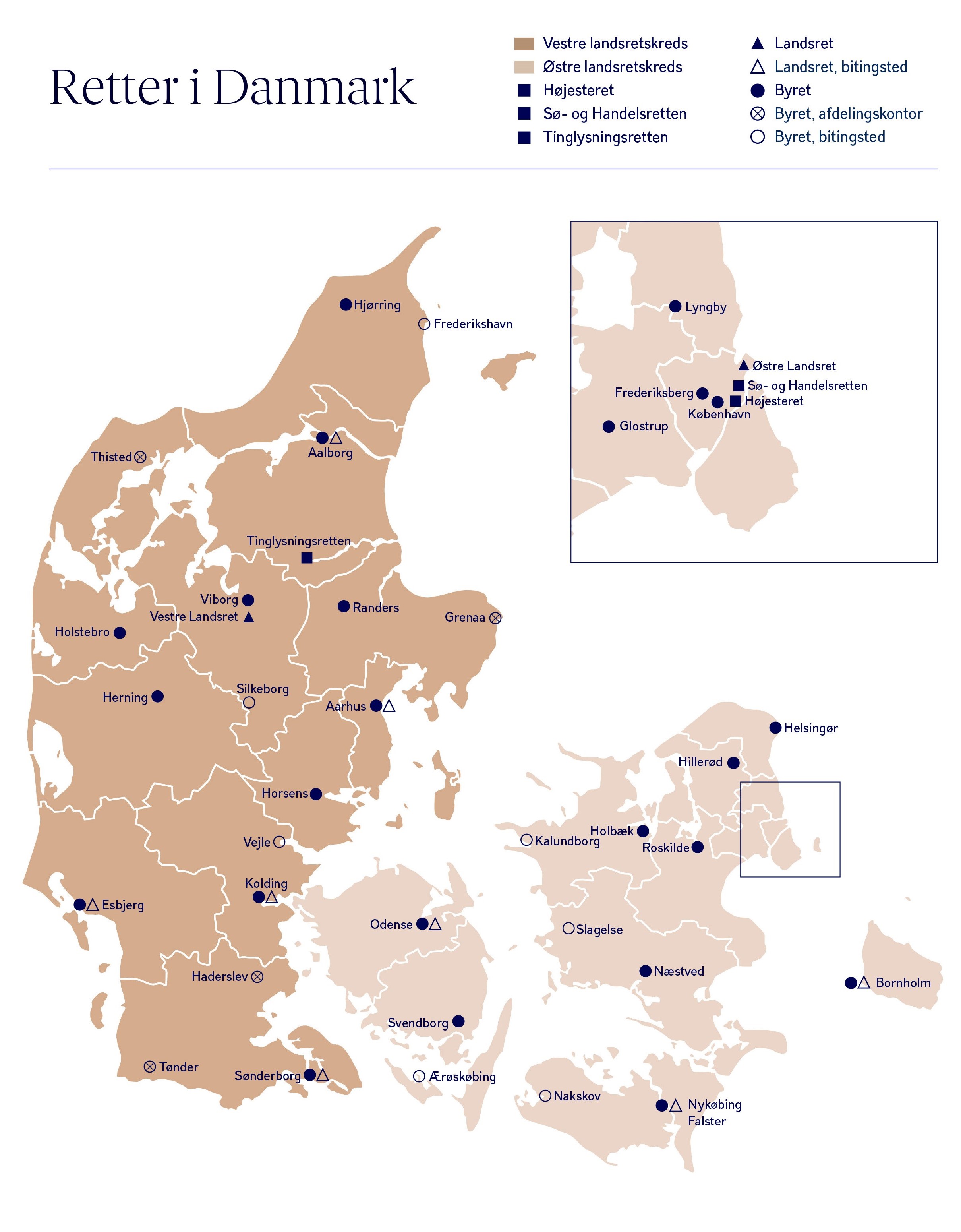 Danmarkskort med 24 retskredse og deres hovedtingsteder og bitingsteder